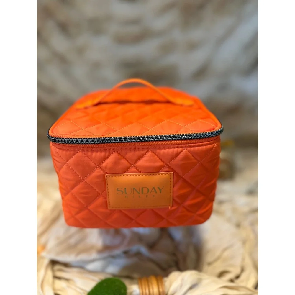 Sunday Riley Orange Quilted Nylon Travel Makeup Bag Vanity Case Zip Closure